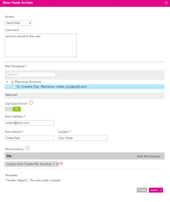 Screenshot of new hook action email settings with fields for action, comment, and email details.