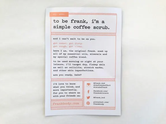 Frank Body coffee scrub packaging with product description and social media links.