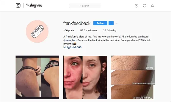 Instagram profile of frankfeedback showing user details and three image posts.
