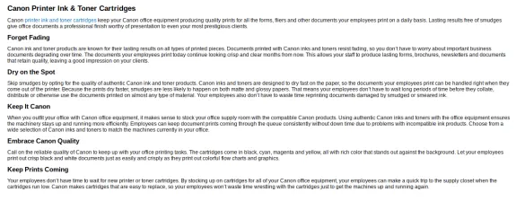 Text describing benefits of Canon printer ink and toner cartridges.