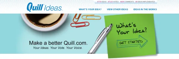 Quill Ideas website banner with coffee, paperclips, pen, and text about sharing ideas.