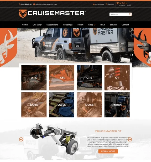 Cruisemaster website homepage featuring suspension products and branding.
