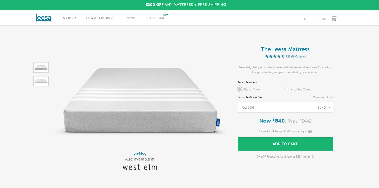 Leesa mattress queen size with promotion and pricing details on website