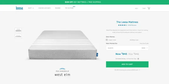 Leesa mattress queen size with promotion and pricing details on website