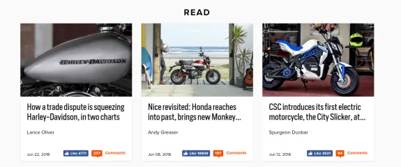 Three motorcycle articles displayed in a three-column layout with images and engagement metrics.