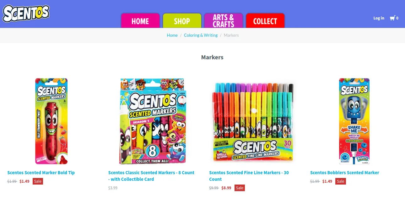 Scentos scented markers product display with colorful packaging and sale prices.