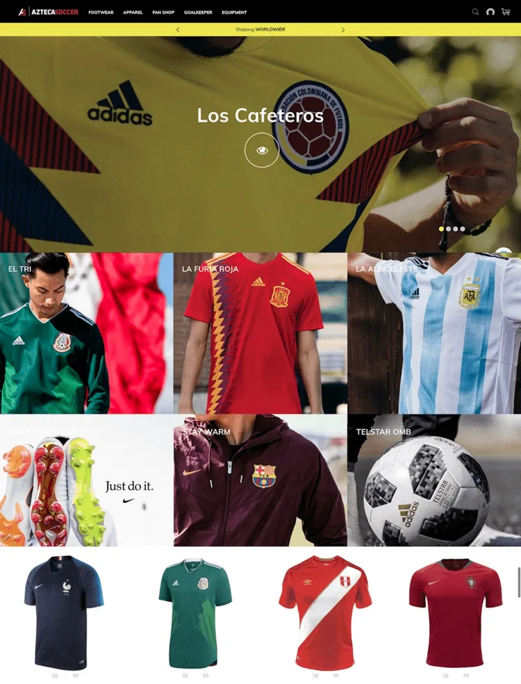 Display of various soccer jerseys and gear including Colombia, Spain, and Argentina shirts.