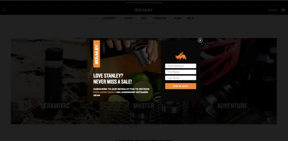 Popup ad for Stanley outdoor gear sale with newsletter signup form.