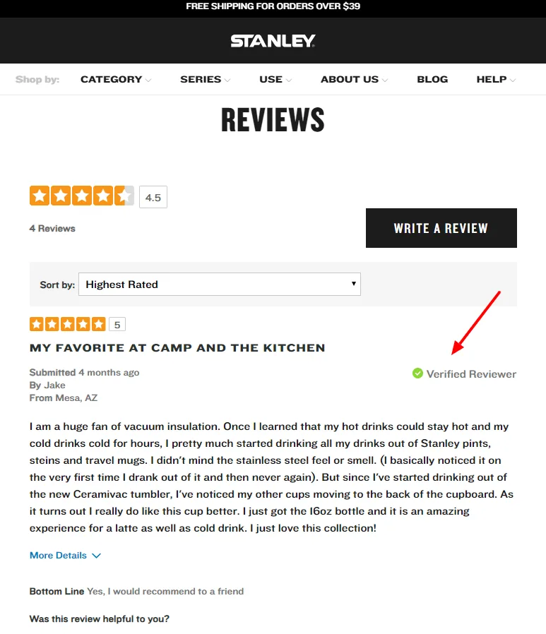Stanley product review page showing a 5-star review from a verified reviewer.