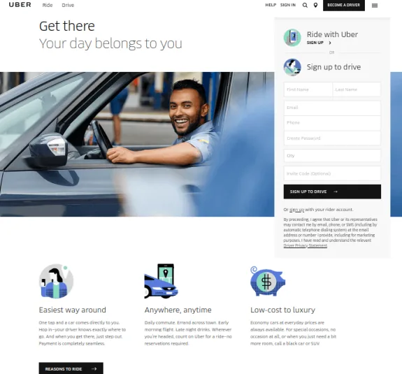 Uber driver smiling in car with signup form visible on webpage.