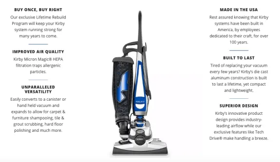 Kirby vacuum cleaner with features like HEPA filtration and versatility highlighted.