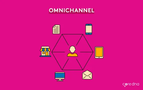 Omnichannel marketing concept with icons for various communication channels.