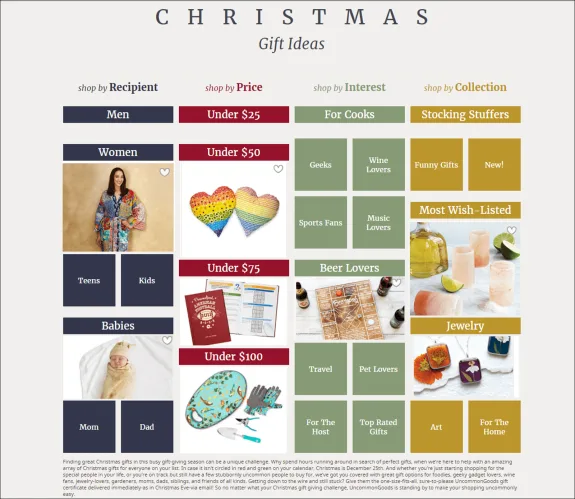 Christmas gift ideas guide with categories by recipient, price, interest, and collection.