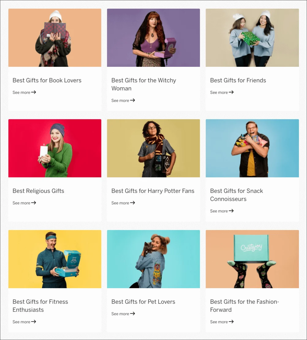 Grid of diverse gift ideas for various interests including books, pets, and fashion.