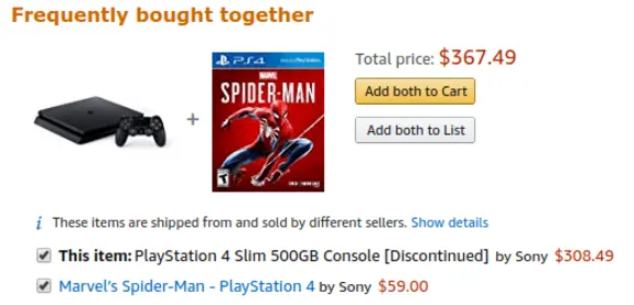 PlayStation 4 Slim and Spider-Man game bundle on Amazon with pricing.