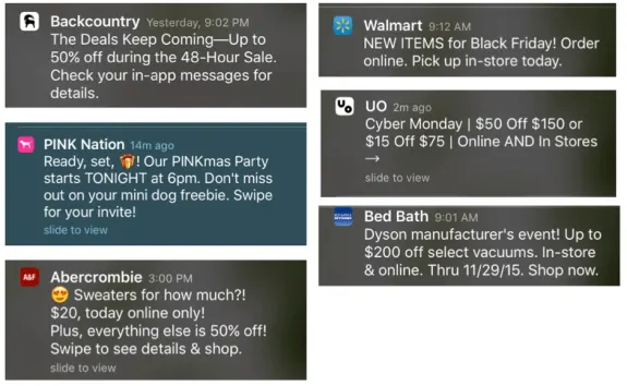 Various shopping notifications for sales and discounts from different brands.