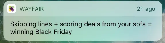 Wayfair notification about Black Friday deals received on mobile device.
