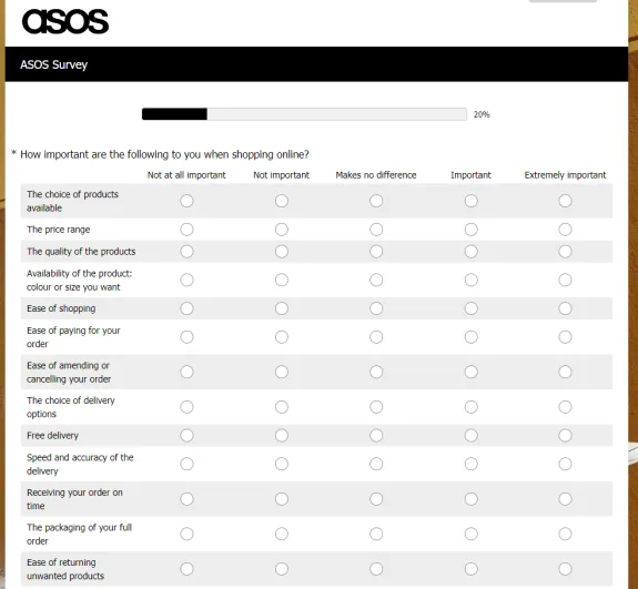 ASOS online shopping survey form with importance rating questions.