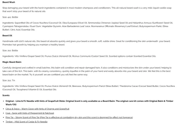 Description and ingredients of beard wash, oil, and balm with scents.