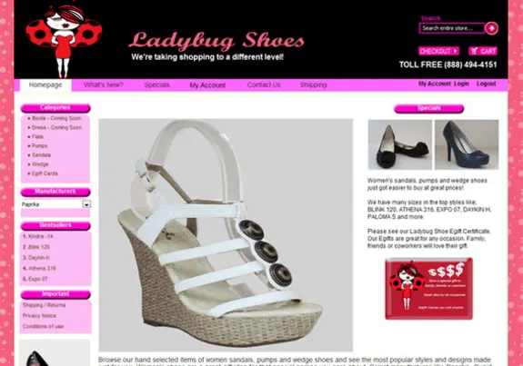 White wedge sandal on Ladybug Shoes product page with pink accents.