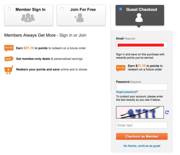 Member sign-in and guest checkout options with rewards points details.