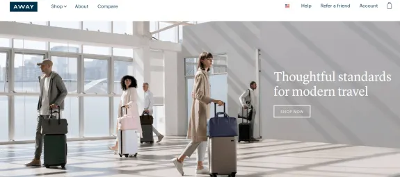 Travelers in airport with stylish luggage, promoting modern travel standards.