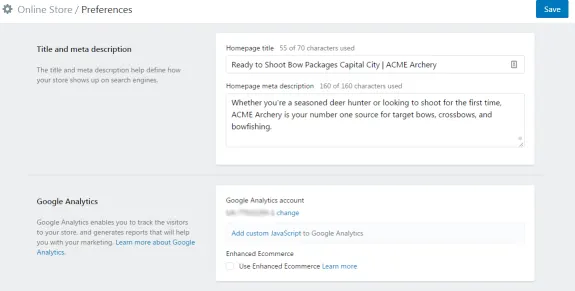 Screenshot of online store preferences showing SEO title, meta description, and Google Analytics setup.
