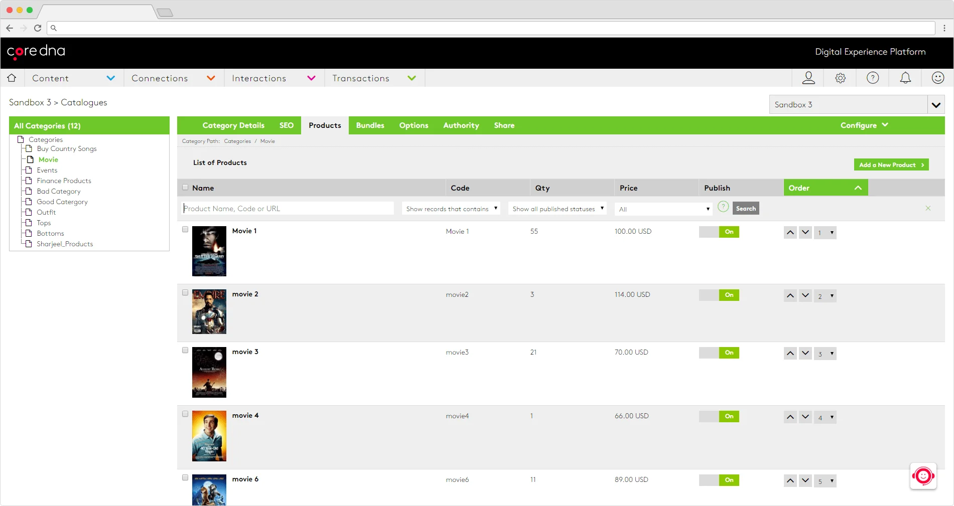 Digital platform interface showing movie product catalogue with prices and options.
