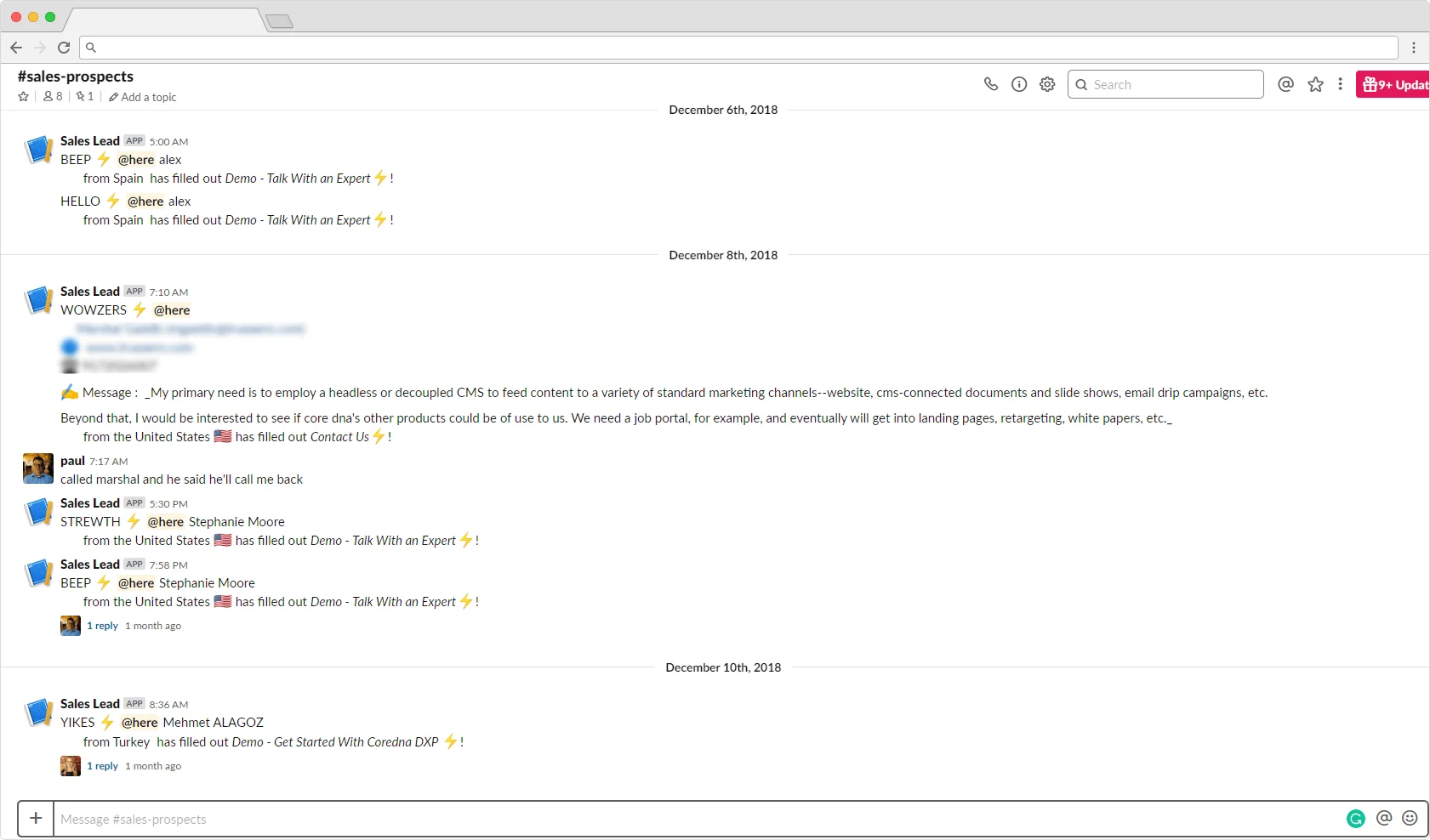 Screenshot of Slack sales prospects channel showing messages and interactions.