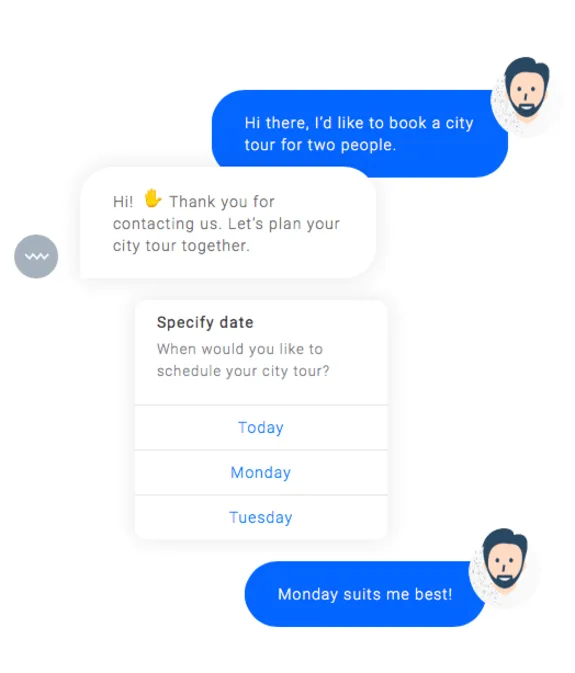 Chatbot conversation about booking a city tour with date options.