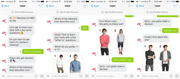 H&M Kik chat interface showing a style quiz with men's fashion options and user responses.