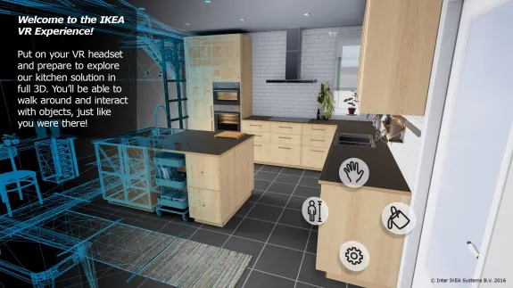 IKEA VR kitchen experience showcasing 3D design with virtual interaction features.