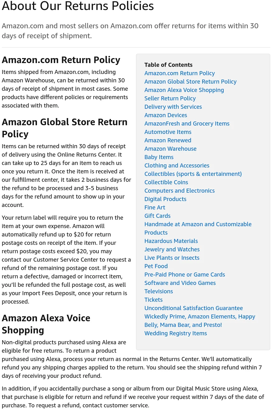Amazon return policies overview including table of contents.