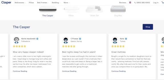 Customer reviews for Casper mattress with five-star ratings displayed on website.