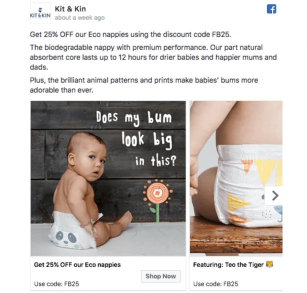 Baby wearing eco-friendly nappy with animal prints, promotional text for discount code FB25.