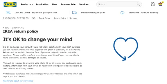 IKEA return policy information with heart icon and text about changing your mind