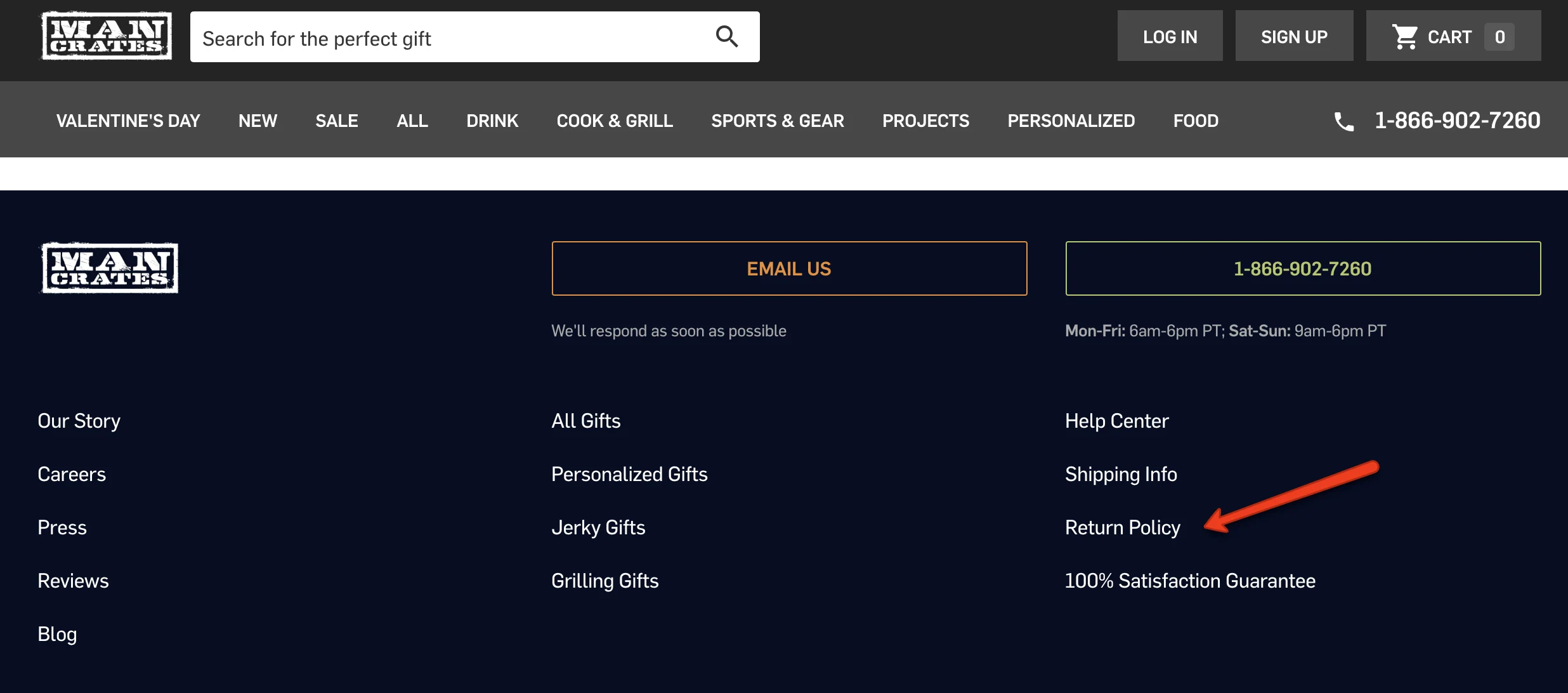 Man Crates website footer showing navigation links and contact information.