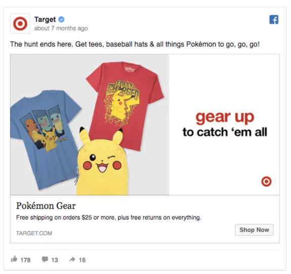 Target ad featuring Pokémon-themed shirts and gear with Pikachu design.