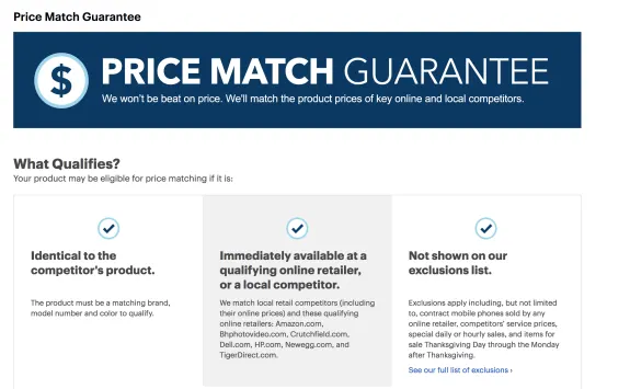 Price match guarantee promotion with criteria for eligibility listed below.