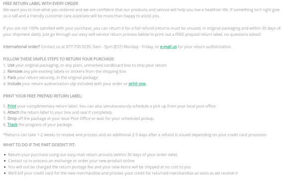Instructions for returning a purchase with a prepaid label and customer service contact details.