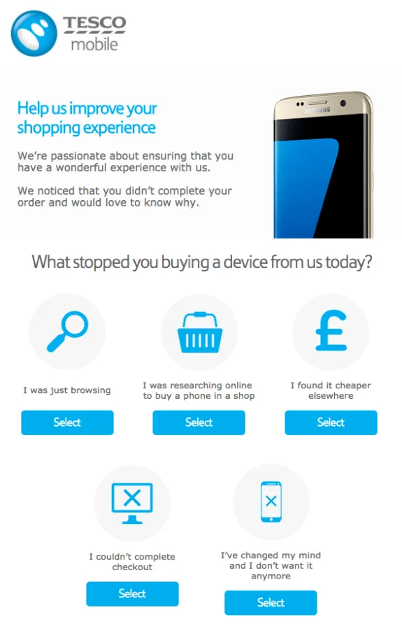 Tesco Mobile feedback survey on shopping experience with options for not buying a device.