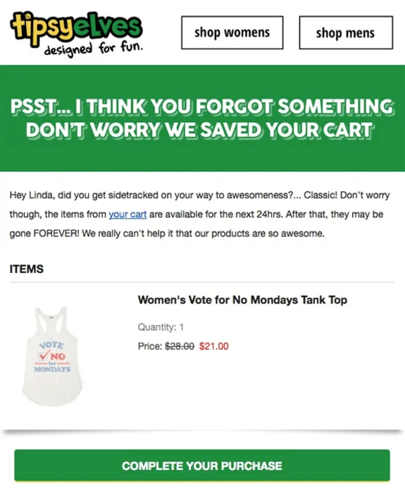 Tipsy Elves cart reminder with Vote No Mondays tank top offer.