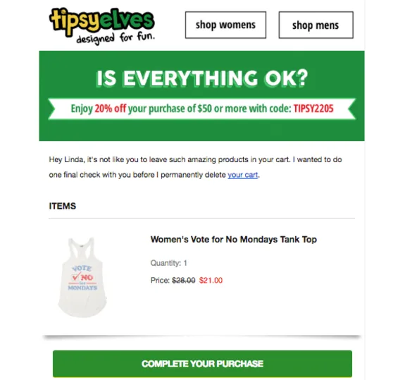 Tipsy Elves email reminder with discount code and tank top offer.