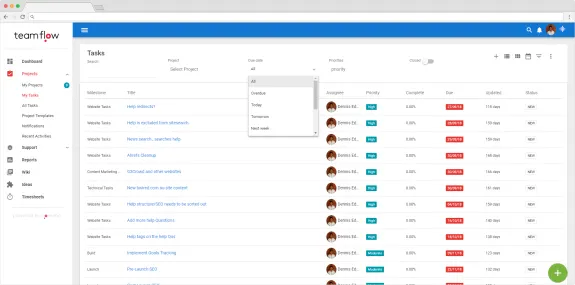 Project management dashboard displaying tasks and due dates.
