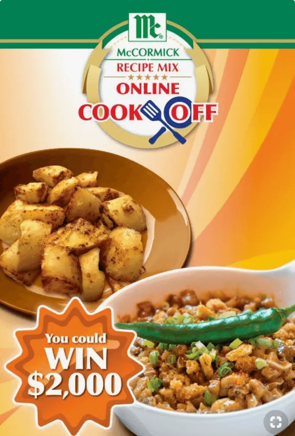 McCormick Recipe Mix online cook-off promo with roasted potatoes and spicy dish, win $2000.