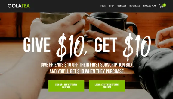 OolaTea referral promotion with two coffee cups and text offering $10 referral bonus.