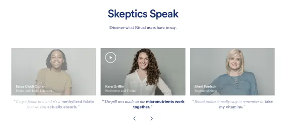 Three people sharing testimonials about Ritual products.