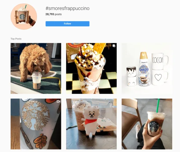Instagram gallery of top smores frappuccino posts, including drinks and themed items.