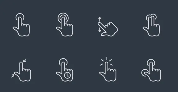 Set of hand gesture icons for touchscreen UI on dark background.