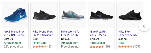 Various Nike running shoes with prices and reviews displayed in a shopping ad.